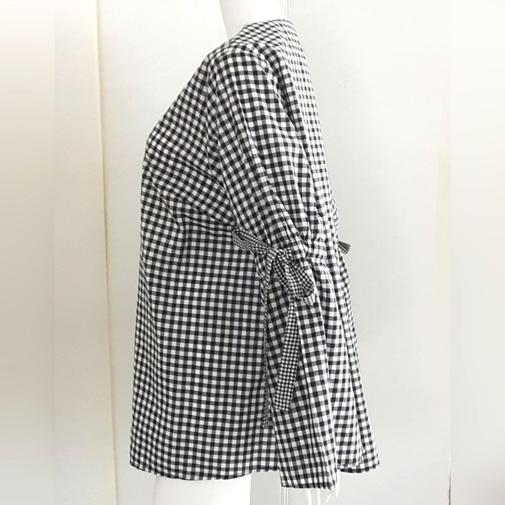 PLUS SZ XL  AVA & VIV Black White Gingham V-Neck Bow Flutter Long Sleeve Blouse